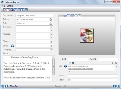 Click to view NotesLogExp 2011.1a screenshot